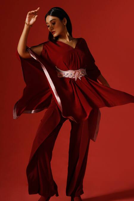 Shop_Megha Garg_Maroon Organza, Georgette Sequins Hand Embroidered Kaftan Top Pant Set 