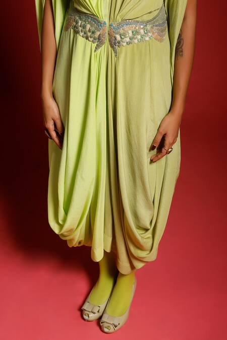 Megha Garg Green Crepe Sequins V-neck V Sleeveless Draped Jumpsuit Online at Aza Fashions Megha Garg_Green Crepe Sequins V-neck V Sleeveless Draped Jumpsuit _Online_at_Aza_Fashions