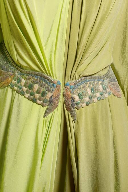 Shop Megha Garg Green Crepe Sequins V-neck V Sleeveless Draped Jumpsuit Online at Aza Fashions Shop_Megha Garg_Green Crepe Sequins V-neck V Sleeveless Draped Jumpsuit _Online_at_Aza_Fashions