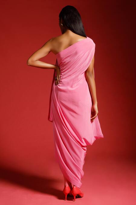 Megha Garg Pink Pure Crepe Hand Embroidered Sequins One Shoulder Draped Dress With Jacket Online at Aza Fashions Megha Garg_Pink Pure Crepe Hand Embroidered Sequins One Shoulder Draped Dress With Jacket _Online_at_Aza_Fashions