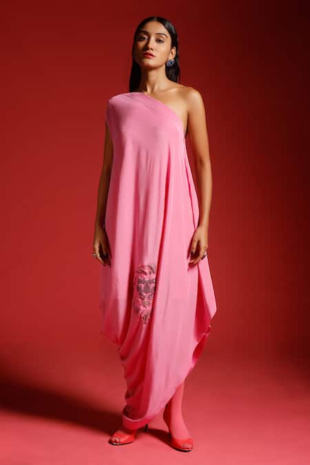 Megha Garg Pink Pure Crepe Hand Embroidered Sequins One Shoulder Draped Dress With Jacket at Aza Fashions Megha Garg_Pink Pure Crepe Hand Embroidered Sequins One Shoulder Draped Dress With Jacket _at_Aza_Fashions