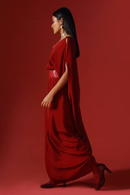 Buy_Megha Garg_Maroon Crepe Sequins One Shoulder Asymmetric Draped Dress With Bustier _Online_at_Aza_Fashions