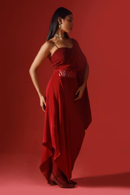 Shop_Megha Garg_Maroon Crepe Sequins One Shoulder Asymmetric Draped Dress With Bustier _Online_at_Aza_Fashions