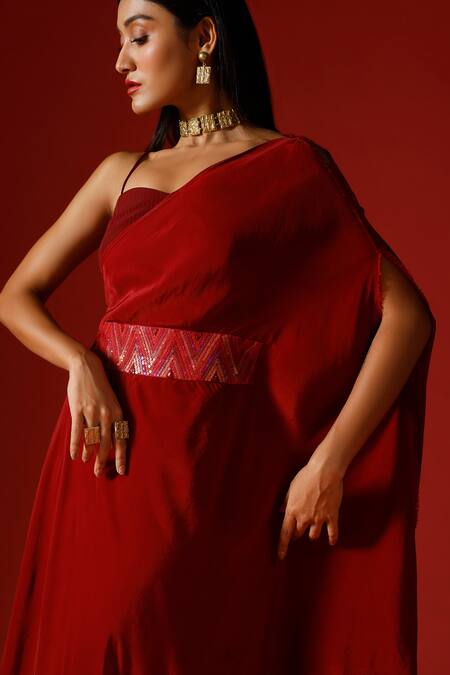 Megha Garg_Maroon Crepe Sequins One Shoulder Asymmetric Draped Dress With Bustier _at_Aza_Fashions