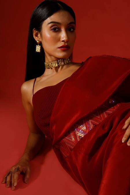 Buy_Megha Garg_Maroon Crepe Sequins One Shoulder Asymmetric Draped Dress With Bustier 