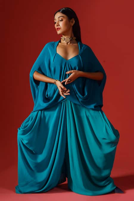 Megha Garg_Blue Crepe V-neck Solid Draped Top And Pant Set _Online_at_Aza_Fashions