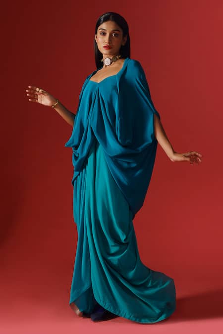 Buy_Megha Garg_Blue Crepe V-neck Solid Draped Top And Pant Set _Online_at_Aza_Fashions