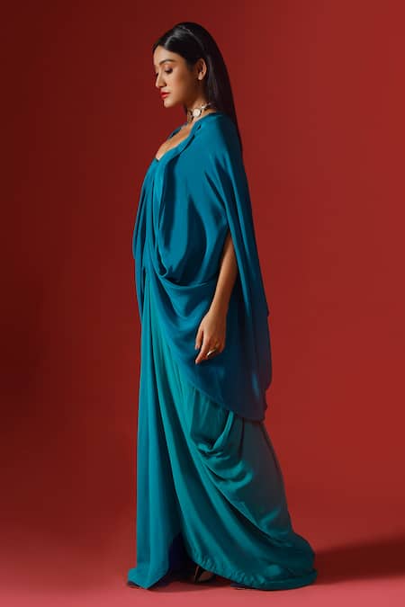 Shop_Megha Garg_Blue Crepe V-neck Solid Draped Top And Pant Set _Online_at_Aza_Fashions