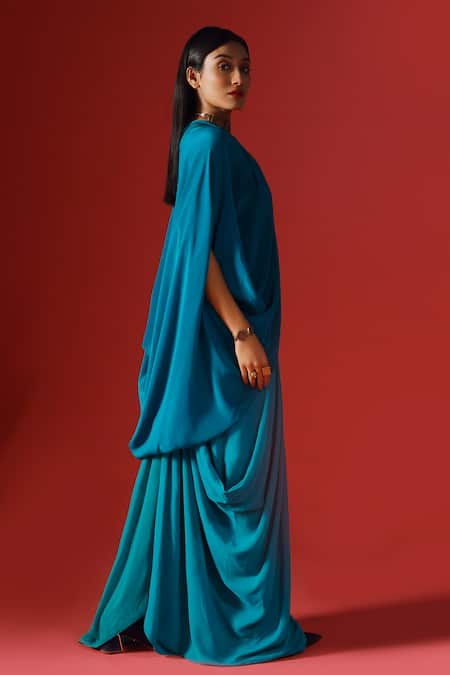 Megha Garg_Blue Crepe V-neck Solid Draped Top And Pant Set _at_Aza_Fashions