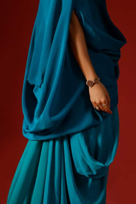 Buy_Megha Garg_Blue Crepe V-neck Solid Draped Top And Pant Set 