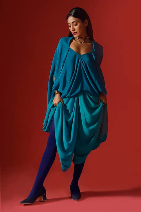 Shop_Megha Garg_Blue Crepe V-neck Solid Draped Top And Pant Set 