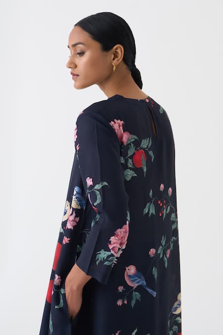 Shop Dot Black Cotton, Silk Round Neck Bloome Floral Print Kurta And Pant Set at Aza Fashions Shop_Dot_Black Cotton, Silk Round Neck Bloome Floral Print Kurta And Pant Set _at_Aza_Fashions