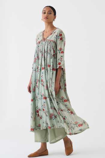 Dot_Green Cotton V-neck Flori Printed Anarkali And Pant Set _Online_at_Aza_Fashions