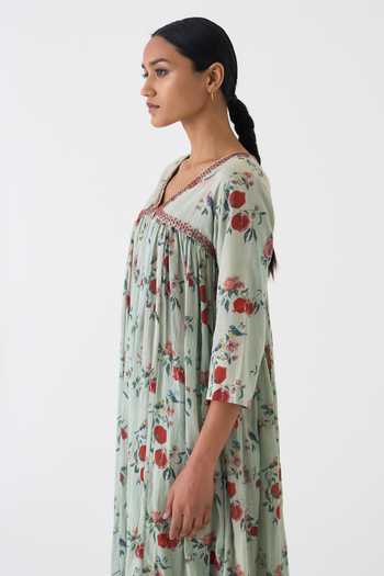 Buy_Dot_Green Cotton V-neck Flori Printed Anarkali And Pant Set _Online_at_Aza_Fashions