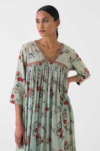 Shop_Dot_Green Cotton V-neck Flori Printed Anarkali And Pant Set _Online_at_Aza_Fashions