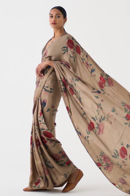 Shop Dot Beige Hemp, Cotton Bloome Printed Saree With Unstitched Blouse Piece Online at Aza Fashions Shop_Dot_Beige Hemp, Cotton Bloome Printed Saree With Unstitched Blouse Piece _Online_at_Aza_Fashions