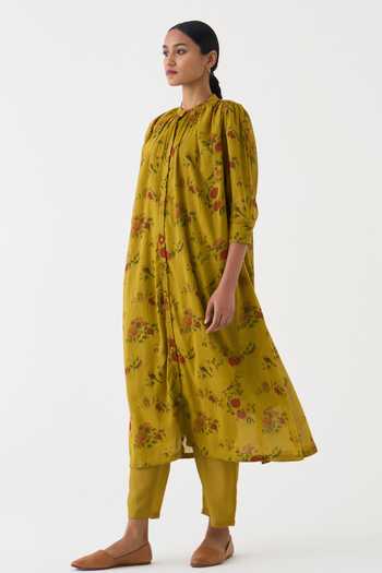 Dot_Yellow Cotton Embroidery Bandeau Neck Flori Printed Kurta And Pant Set _Online_at_Aza_Fashions