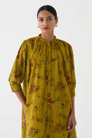 Shop_Dot_Yellow Cotton Embroidery Bandeau Neck Flori Printed Kurta And Pant Set _Online_at_Aza_Fashions