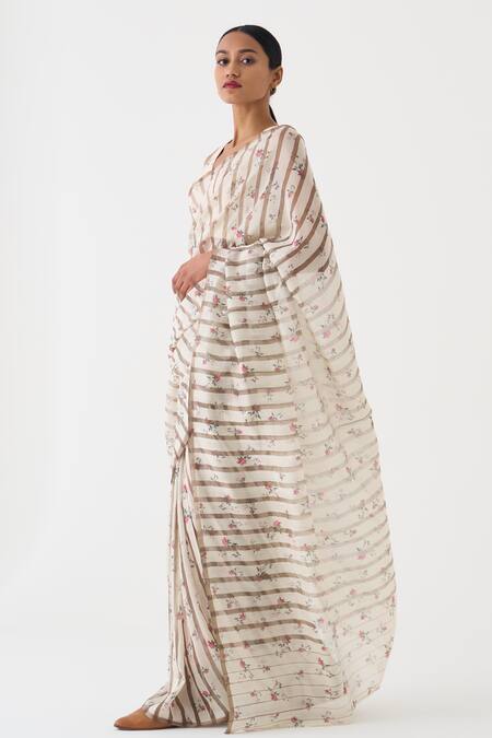 Dot_Ivory Chanderi, Cotton Satin Chintz Printed Saree With Unstitched Blouse Piece _Online_at_Aza_Fashions