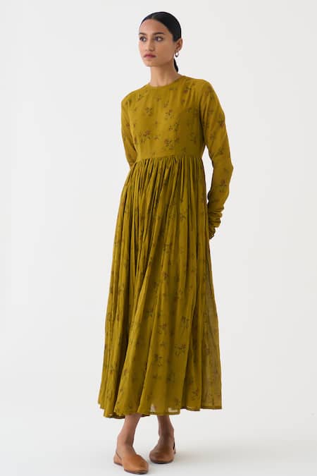 Dot Yellow Cotton Round Neck Chintz Floral Print Anarkali Online at Aza Fashions Dot_Yellow Cotton Round Neck Chintz Floral Print Anarkali _Online_at_Aza_Fashions