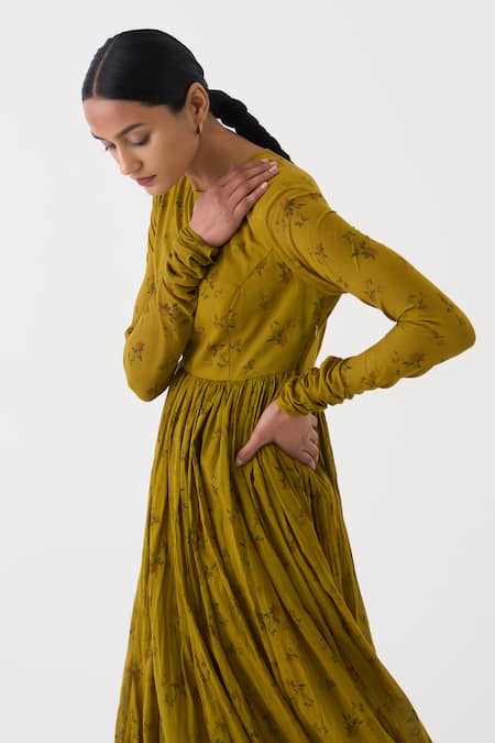 Shop Dot Yellow Cotton Round Neck Chintz Floral Print Anarkali Online at Aza Fashions Shop_Dot_Yellow Cotton Round Neck Chintz Floral Print Anarkali _Online_at_Aza_Fashions
