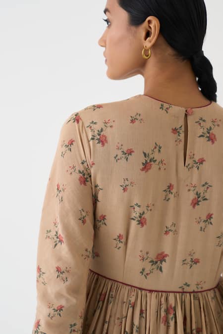 Buy_Dot_Pink Cotton Embroidery Round Neck Chintz Floral Pattern Anarkali _Online_at_Aza_Fashions