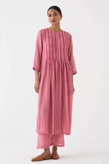Dot Pink Cotton, Silk Round Neck Aria Striped Print Kurta And Pant Set Online at Aza Fashions Dot_Pink Cotton, Silk Round Neck Aria Striped Print Kurta And Pant Set _Online_at_Aza_Fashions