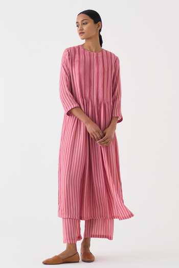 Buy Dot Pink Cotton, Silk Round Neck Aria Striped Print Kurta And Pant Set Online at Aza Fashions Buy_Dot_Pink Cotton, Silk Round Neck Aria Striped Print Kurta And Pant Set _Online_at_Aza_Fashions