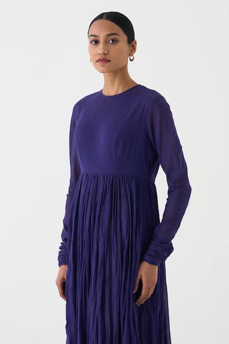 Shop_Dot_Blue Cotton Round Neck Ghoomar Solid Anarkali _Online_at_Aza_Fashions