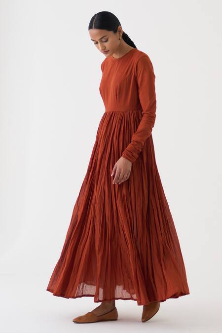 Dot Brown Cotton Round Neck Ghoomar Solid Anarkali Online at Aza Fashions Dot_Brown Cotton Round Neck Ghoomar Solid Anarkali _Online_at_Aza_Fashions