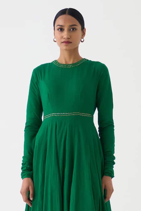 Dot_Green Cotton Round Neck Ghoomar Plain Anarkali _Online_at_Aza_Fashions