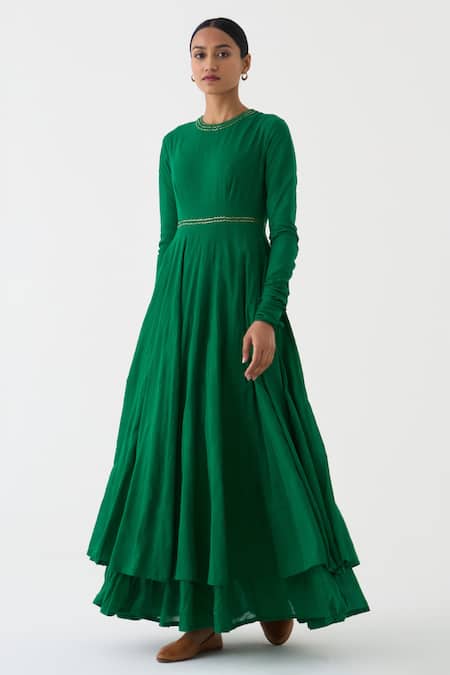 Buy_Dot_Green Cotton Round Neck Ghoomar Plain Anarkali _Online_at_Aza_Fashions