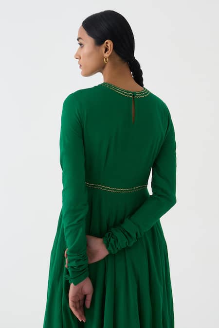 Shop_Dot_Green Cotton Round Neck Ghoomar Plain Anarkali _Online_at_Aza_Fashions