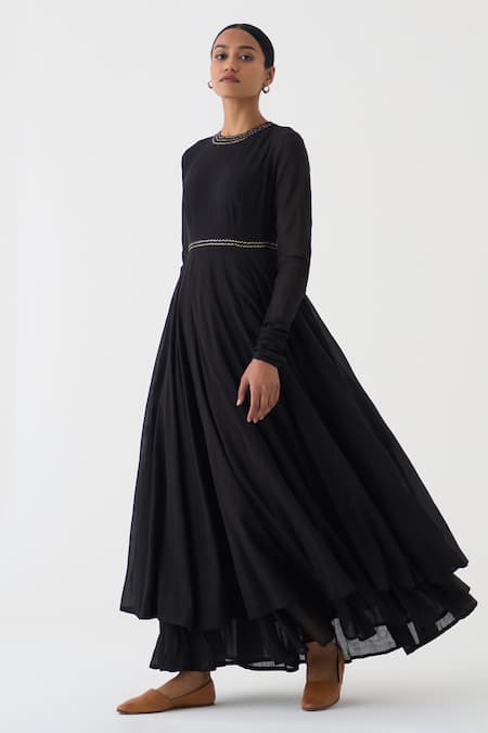 Dot_Black Cotton Zari Round Neck Amrita Anarkali With Dupatta _Online_at_Aza_Fashions