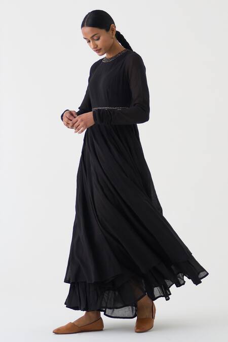 Buy_Dot_Black Cotton Zari Round Neck Amrita Anarkali With Dupatta _Online_at_Aza_Fashions