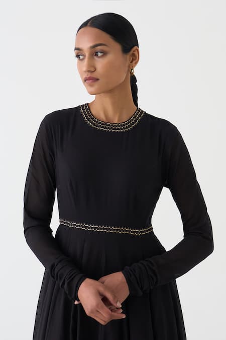 Dot_Black Cotton Zari Round Neck Amrita Anarkali With Dupatta _at_Aza_Fashions