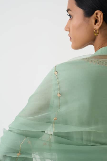 Dot_Green Chanderi, Organza, Cotton Satin, Cotton, Silk Zari, Vara Anarkali Set _Online_at_Aza_Fashions