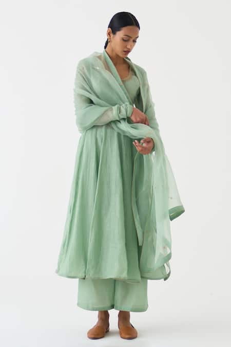 Buy_Dot_Green Chanderi, Organza, Cotton Satin, Cotton, Silk Zari, Vara Anarkali Set _Online_at_Aza_Fashions
