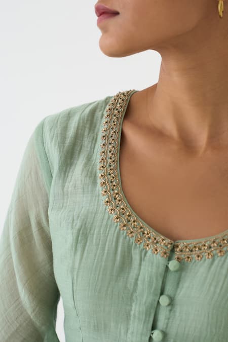 Dot_Green Chanderi, Organza, Cotton Satin, Cotton, Silk Zari, Vara Anarkali Set _at_Aza_Fashions