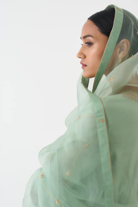 Buy_Dot_Green Chanderi, Organza, Cotton Satin, Cotton, Silk Zari, Vara Anarkali Set 