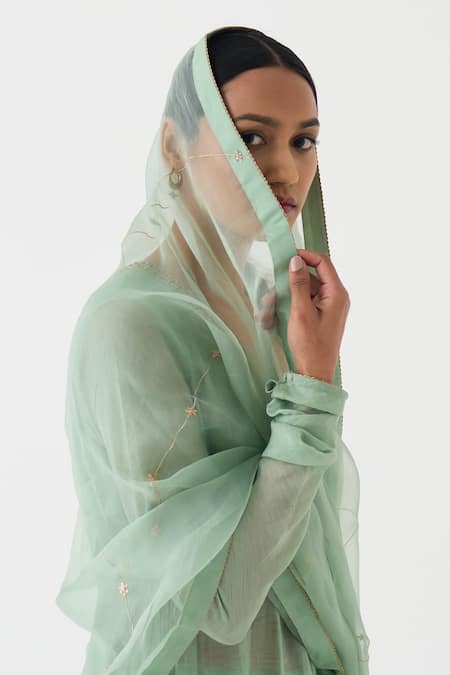 Shop_Dot_Green Chanderi, Organza, Cotton Satin, Cotton, Silk Zari, Vara Anarkali Set 