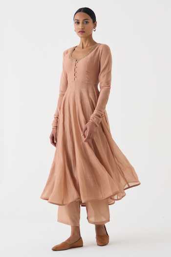 Shop_Dot_Pink Chanderi, Organza, Cotton, Silk Embroidery, Zari Round Vara Anarkali Set _Online_at_Aza_Fashions