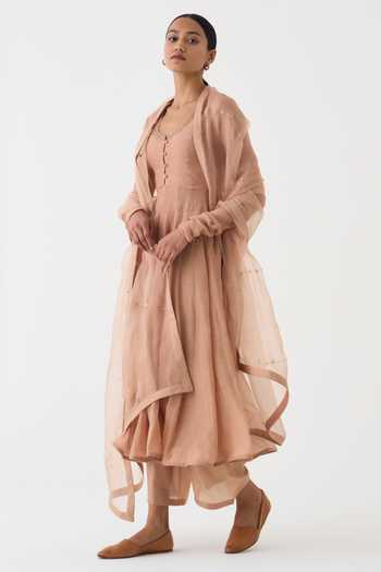 Buy_Dot_Pink Chanderi, Organza, Cotton, Silk Embroidery, Zari Round Vara Anarkali Set 