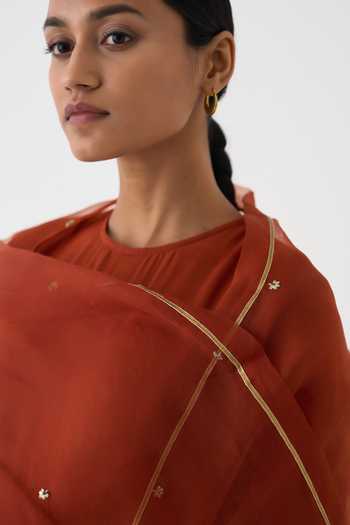 Dot_Orange Organza Gota Patti Ezra Striped Border Dupatta _Online_at_Aza_Fashions