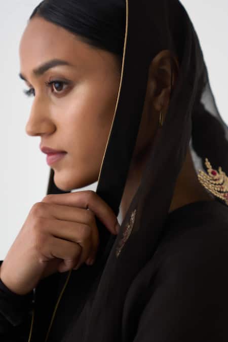 Shop_Dot_Black Organza Sequins Leila Bullian Leaf Embroidered Dupatta _Online_at_Aza_Fashions