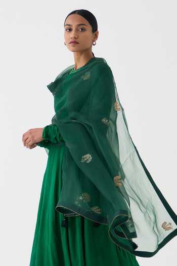 Dot_Green Organza Sequins Kali Embroidered Dupatta _Online_at_Aza_Fashions