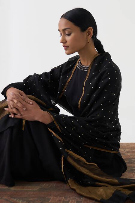 Shop_Dot_Black Chanderi Embroidery Butti Sprinkle Embellished Dupatta_at_Aza_Fashions
