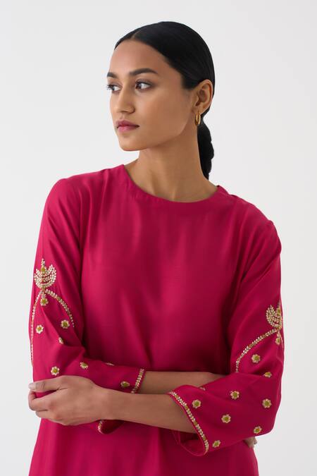 Shop_Dot_Pink Cotton, Silk Sequins Round Neck Ambily Crest Embroidered Kurta With Pant _Online_at_Aza_Fashions
