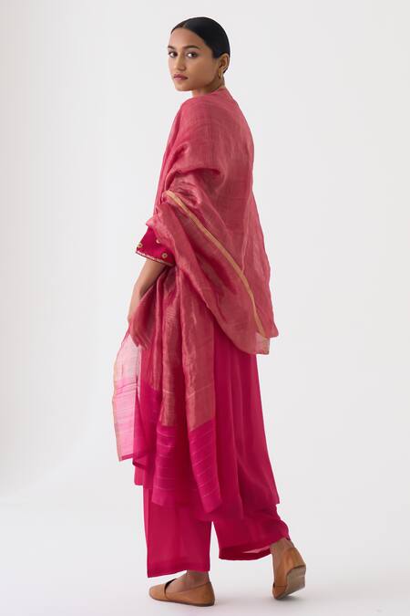 Buy_Dot_Pink Chanderi Zari Striped Dupatta _Online_at_Aza_Fashions