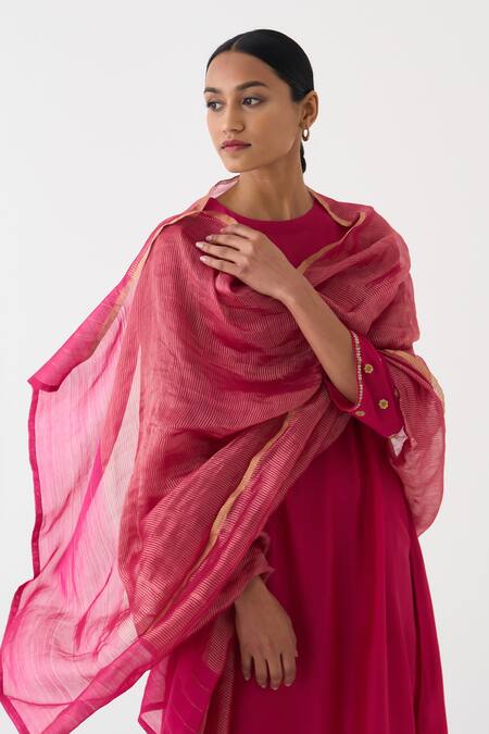 Shop_Dot_Pink Chanderi Zari Striped Dupatta _Online_at_Aza_Fashions